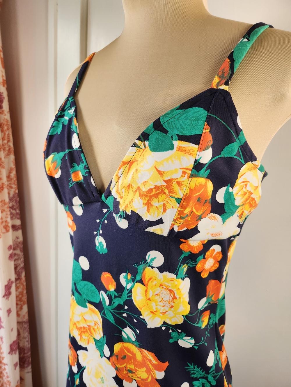 Leith Small Navy Yellow Roses Polka Dot Midi Dress